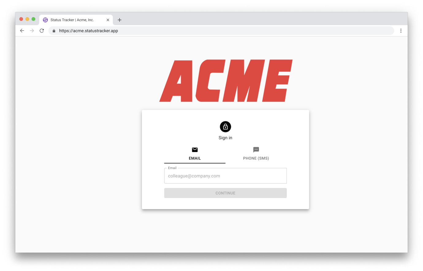 A screenshot of a login page at acme.statustracker.app with the logo for Acme, Inc. The page is using the color scheme of Acme, Inc. - red and black.